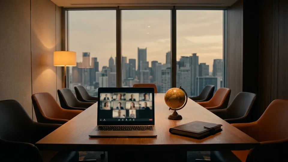 Sala de reunião ao entardecer, com um notebook em videochamada, um globo e um caderno sobre a mesa.