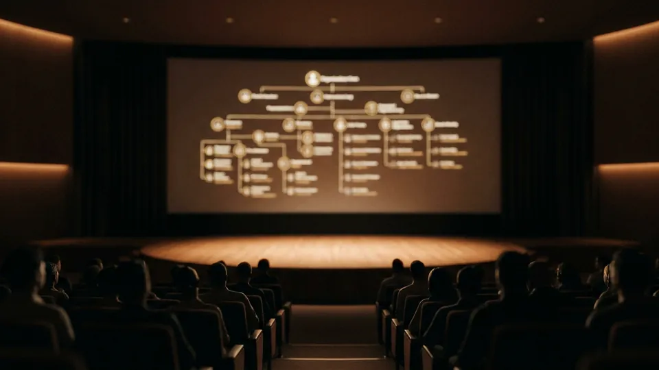 Auditório escuro com o palco iluminado e um organograma de pessoas e agentes de IA no telão.